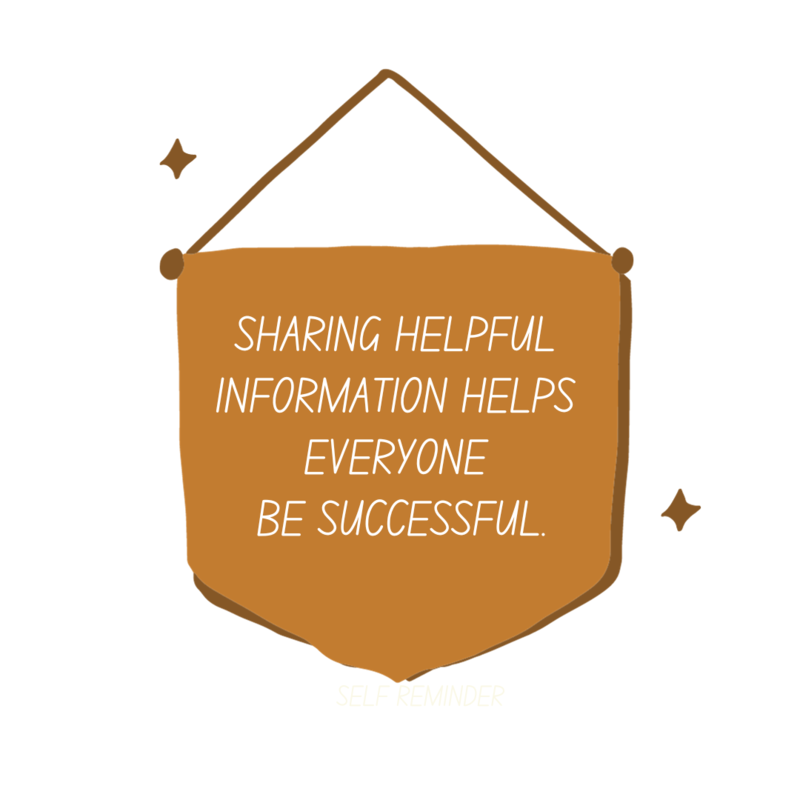 Image of a wall hanging that reads: Sharing helpful information helps everyone be successful.